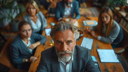 Mature Businessman Looks Up From Meeting Table