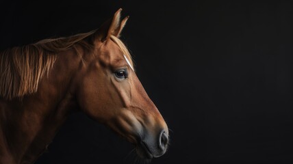 Fototapeta premium Majestic brown horse head isolated on black background close up side view