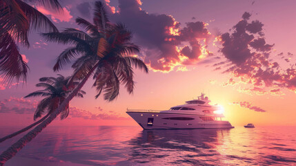 Tropical island paradise with vibrant sunset colors. The beach is adorned with lush palm trees and a luxurious yacht, creating a picturesque scene.