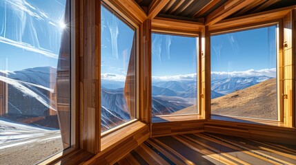 mountain observatory with specialized energy-efficient windows designed to handle drastic temperature shifts without fogging, providing clear sky views
