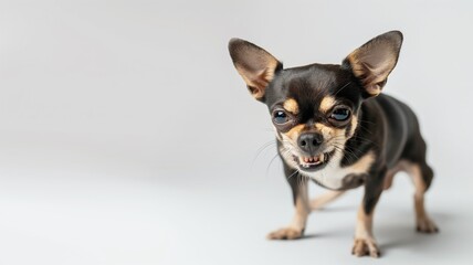 Fierce terrier dog with wiry coat and alert expression, showing teeth aggressively on light gray background, illustrating determination and feistiness in a domestic pet