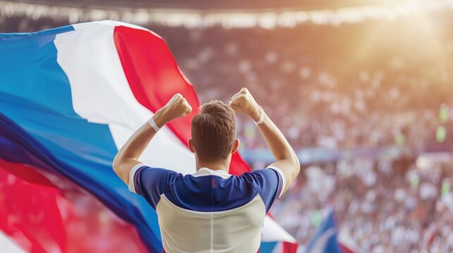 Soccer fan celebrating win in vibrant stadium waving France flag amid cheering crowd and falling confetti, embodying thrill of victory and national pride - Powered by Adobe