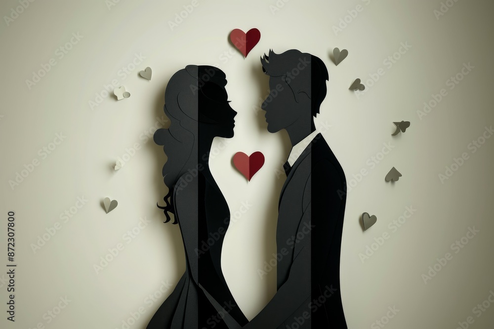Poster silhouette of a couple with heart shapes representing love and unity in a dynamic artistic setting