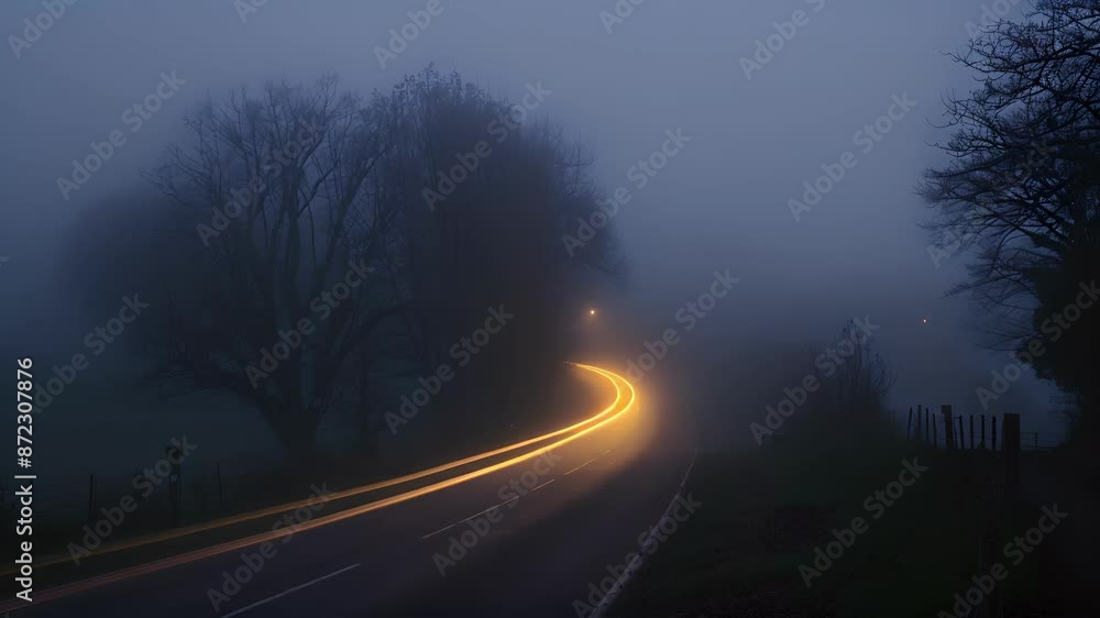 Poster the soft diffused glow of car light trails blending into the misty fog creating a sense of mystery a