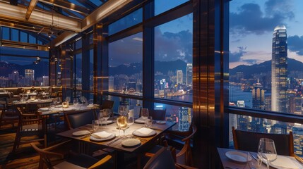 rooftop restaurant with energy-efficient windows offering diners spectacular panoramic views of the city skyline while maintaining a comfortable dining temperature regardless of weather