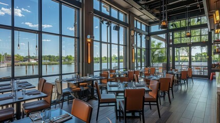 riverside restaurant with expansive energy-efficient windows providing diners with panoramic views of the water, maintaining ambiance without sacrificing temperature control