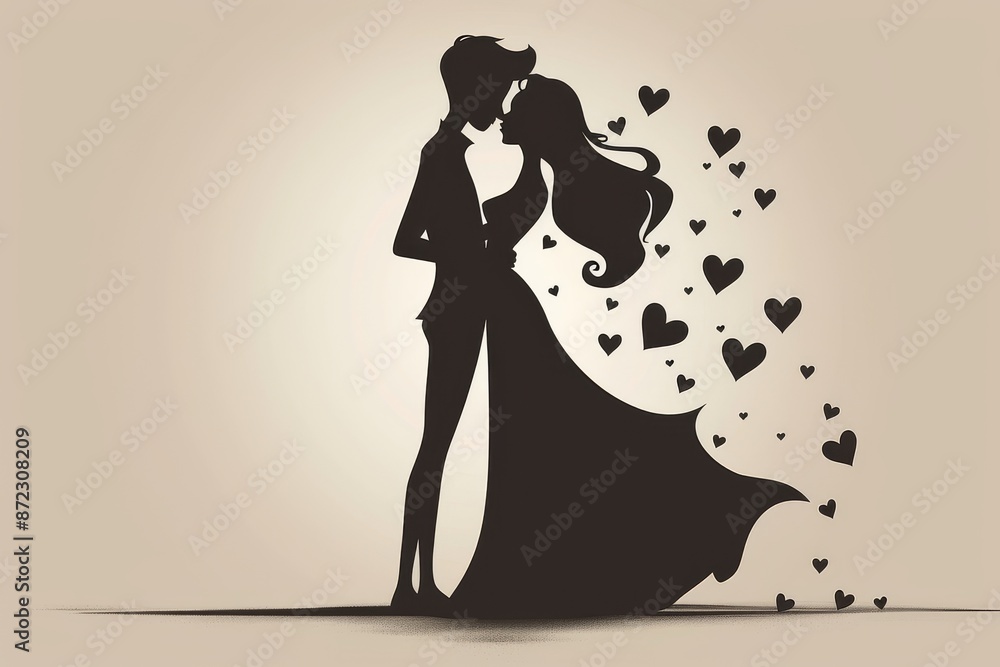 Poster silhouette of a couple with heart shapes representing love and unity in a whimsical artistic setting