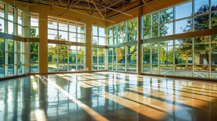 suburban community center with energy-efficient windows that create a bright and welcoming space for local events and activities, promoting energy conservation
