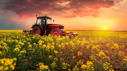 Sunrise Over Flower Field with Tractor at Work