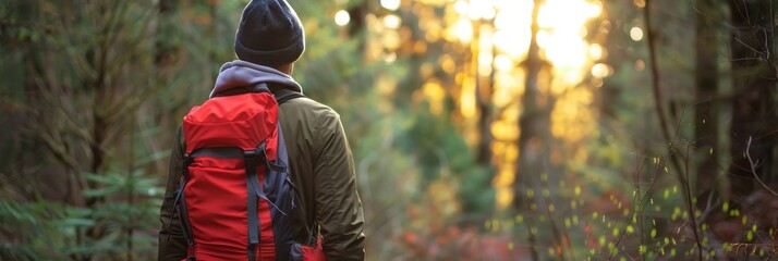 Backpacker walking through forest with red backpack during sunset. Place for text