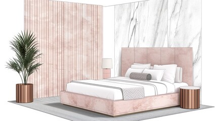 Elegant bedroom design with soft, calming tones, chic furnishings, and a precise blueprint layout, capturing the essence of contemporary style