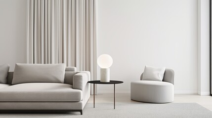 Elegant modern interior with sparse furnishings, highlighting clean lines, neutral colors, and uncluttered space, exuding sophistication and calm
