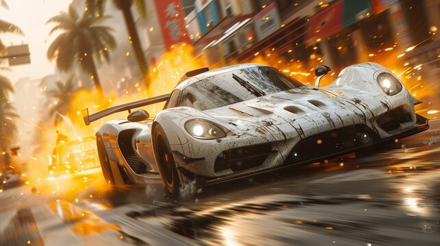 White Sports Car Driving Through City Streets Amidst Explosions