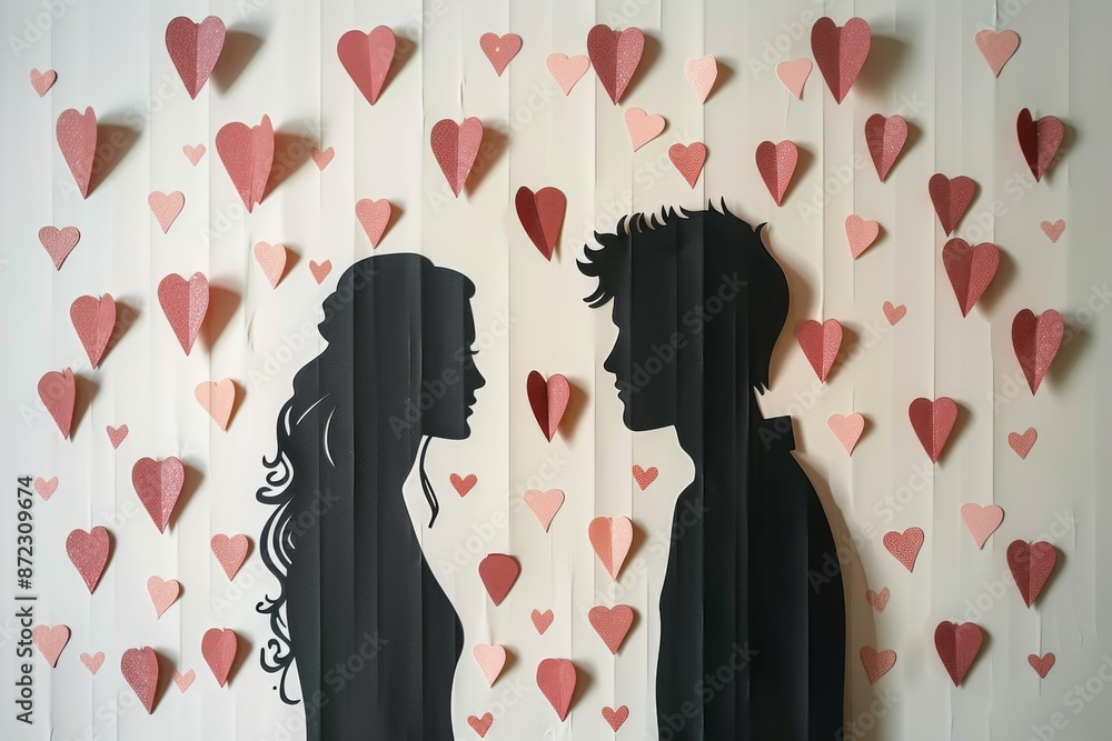 Aufkleber silhouette of a couple with heart shapes symbolizing love and unity in a whimsical artistic setting