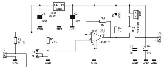 Schematic diagram of electronic device on sheet of paper. Vector drawing electrical analog circuit with
voltage stabilizer, resistor, operational amplifier, connector,  capacitor, led, other component