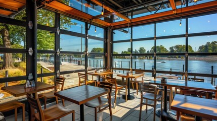 waterfront cafe with energy-efficient windows that provide a panoramic view of the riverfront, enhancing the dining experience while protecting against the elements