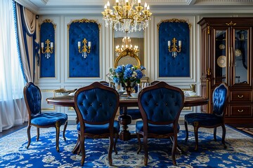 Classic dining room with royal blue upholstered chairs, mahogany table, and ornate gold chandelier. 32k UHD,