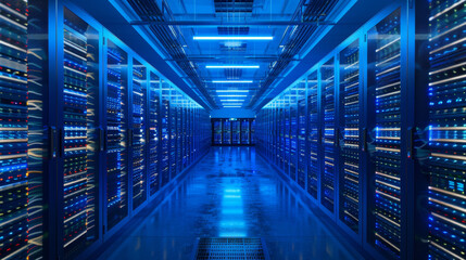 Fototapeta premium Servers are stored in a data center or server room. These servers store and host data and are connected to technology infrastructure.