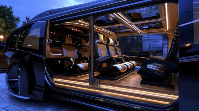 A black van with the doors open, revealing a luxurious interior with plush seats, wood flooring, and ambient lighting.