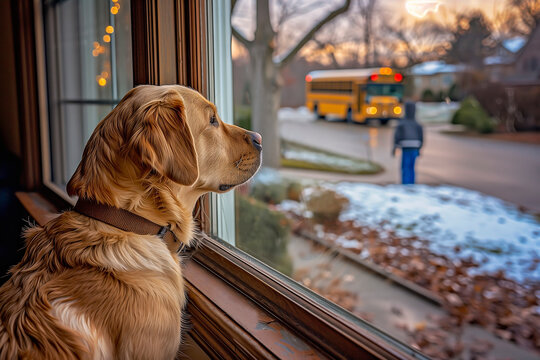 Dog watching child walking to school bus, concept of back to school pet separation anxiety