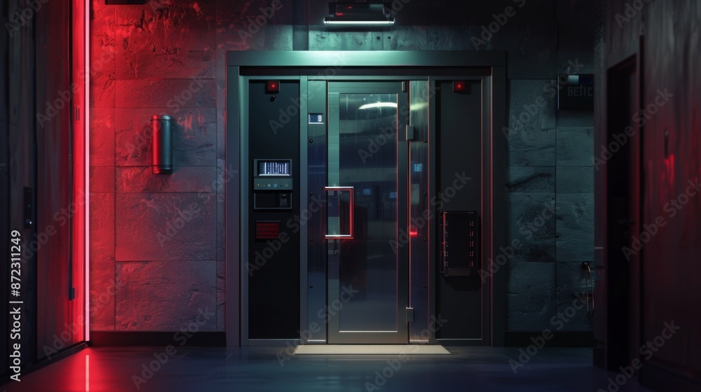 Poster a shot of a modern security door in a building at night. the door is illuminated by red and blue lig