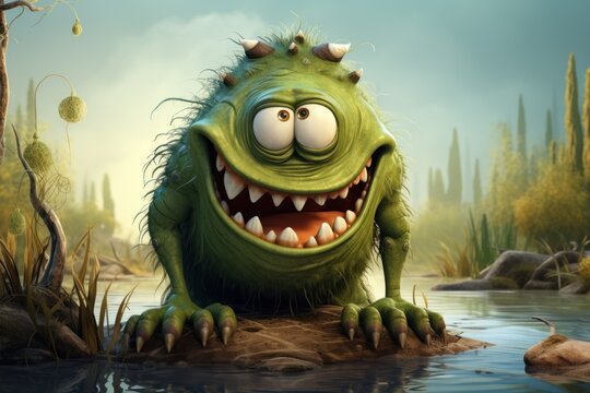 A green monster with big teeth and eyes sits on a stone in the river. It has claws and appears to smile. The sky is blue, there are stones and grass in the background.