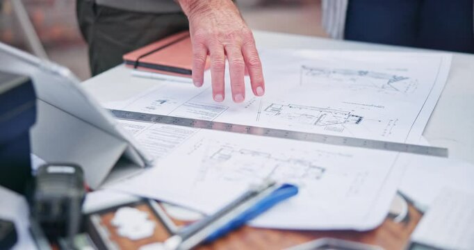 Hands, architect and blueprint sketch and people for floor plan, drawing and renovation process of building construction. Group, contractor and document, planning and ideas of infrastructure project