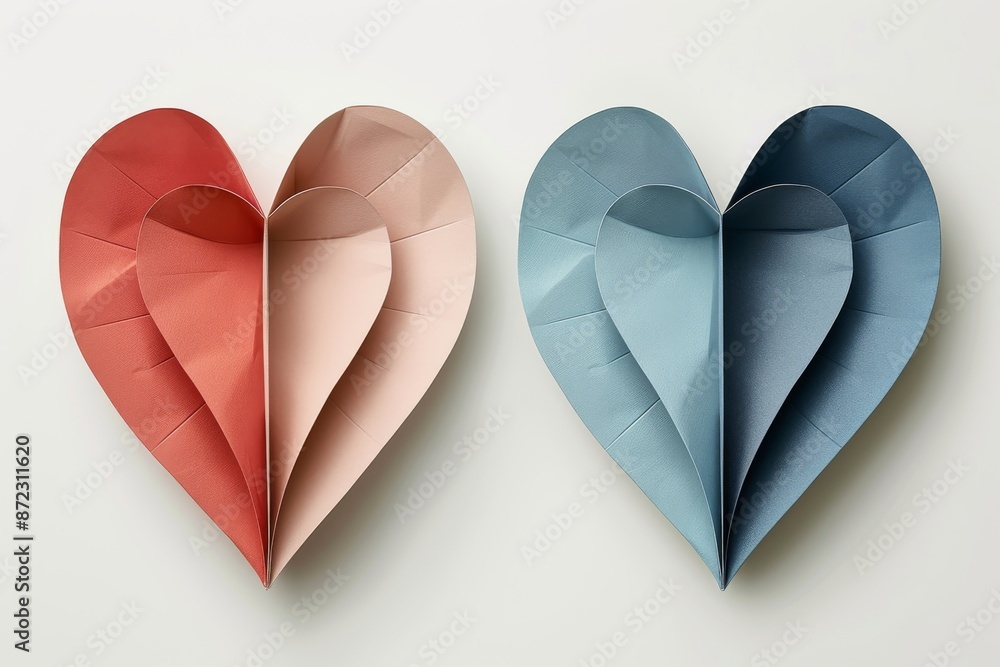 Poster illustration of two heart shaped objects in contrasting colors symbolizing love and diversity in a d