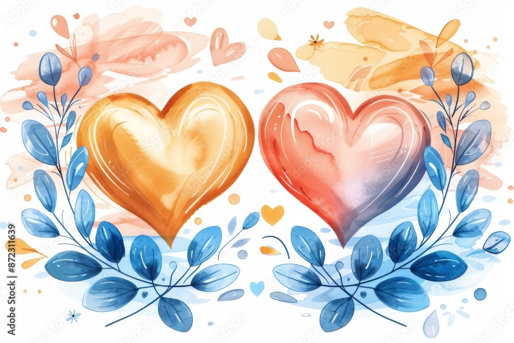 Poster artistic representation of heart shaped objects with leaves symbolizing love and nature in a serene 