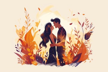 Obraz premium Romantic illustration of a couple in an autumn setting symbolizing love and warmth