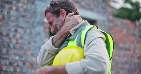 Neck pain, construction worker and injury on site, spine and strain from inflammation. Architect, manager and city planner with medical accident mature male person, labour and fatigue from building