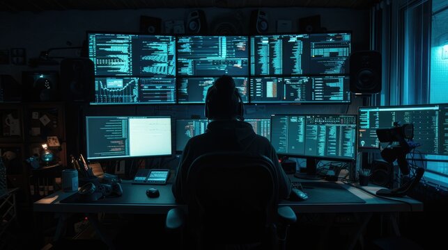 Back view of professional software developer coding program or engineering prompt. Skilled programmer typing computer and laptop while developing system with blurring background. Technology. AIG42.