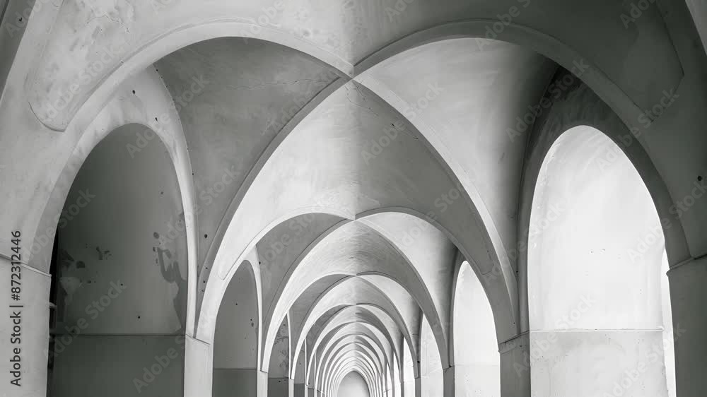 Poster a series of symmetrical arches and curved lines adding depth and dimension to a monochromatic struct