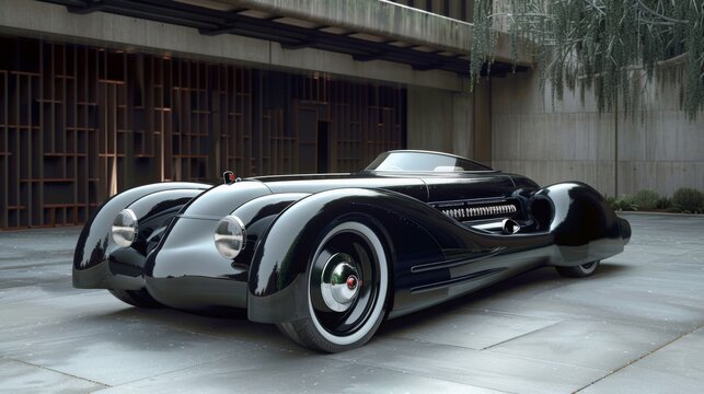 A sleek, black classic car with whitewall tires is parked in front of a modern garage. The car is in pristine condition, reflecting the surrounding light.