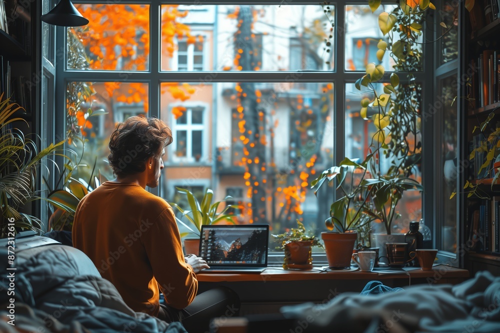 Poster man working on laptop by window with autumn view
