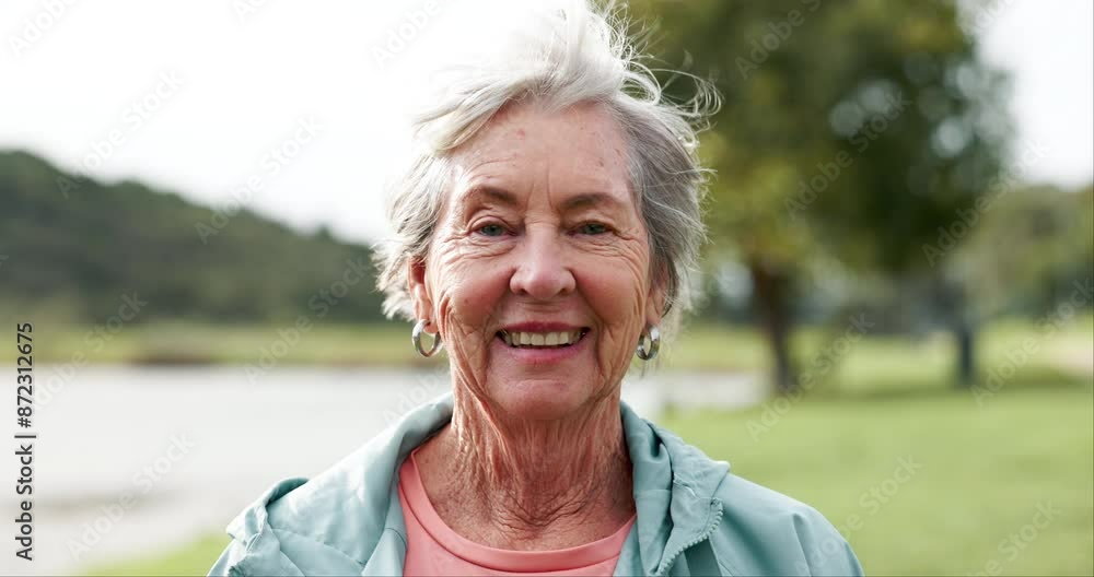 Poster Nature, fitness and face of elderly woman with smile for workout, health and exercise in retirement. Happy, environment and portrait of senior person in park for training, cardio and wellness