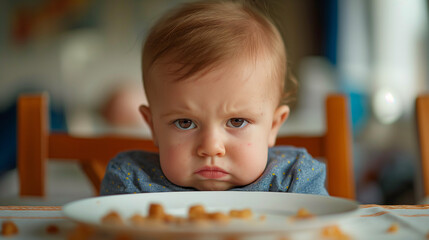 upset little baby doesn't want to eat 