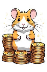 A cute cartoon hamster is surrounded by stacks of gold coins featuring the Bitcoin logo, symbolizing wealth and success in cryptocurrency. The background is white with sparkling effects
