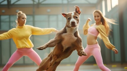Two women in athletic outfits perform a synchronized dance with a pit bull