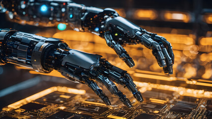 Robot hand reaching gesture. AI, Machine learning, Hand of robot technology, innovation of futuristic. AI generated image, ai.