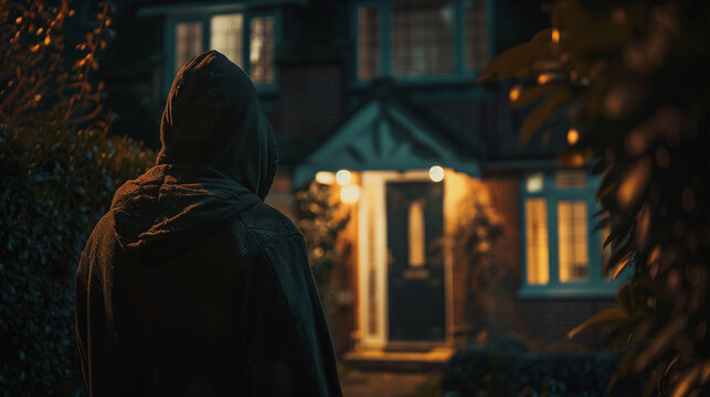 Criminal lurks in the shadows outside a suburban home at night, evoking fear and danger. The eerie scene hints at a potential break in, with a cinematic touch