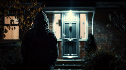 Criminal lurks in the shadows outside a suburban home at night, evoking fear and danger. The eerie scene hints at a potential break in, with a cinematic touch