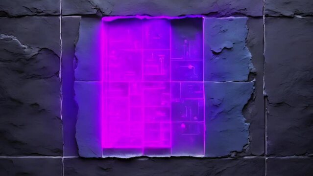 A concealed cipher written in unseen ink on a coarse, slate slab, exposed solely under a black light