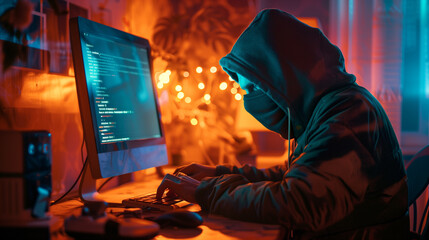 Hacker wearing a black mask and hoodie is programming on a computer in a dark room lit by blue and orange lights
