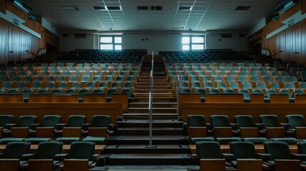 Naklejka premium A well-lit, empty lecture hall with multiple rows of green chairs and desks arranged in a tiered fashion, ready for an upcoming presentation or lecture.