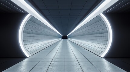Nighttime futuristic subway, illuminated by virtual projections, shadowy corners, high-tech elements, sci-fi scene