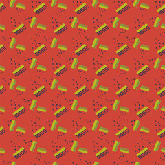 Seamless pattern with abstract elements. Summer red background. Contrasting colors. Stylization of watermelon slices. Simplified shapes and stripes. Vector
