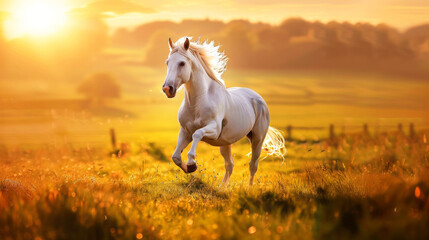 Fototapeta premium Beautiful horse galloping in field at sunset, 