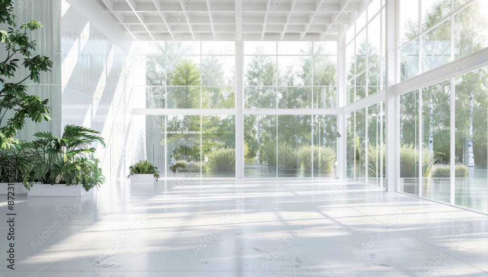 Poster inside of an empty modern white building with large windows overlooking trees and plants generative 