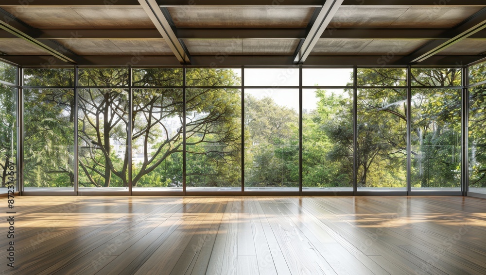 Poster empty room with large glass windows and sliding doors overlooking trees, creating an open space for 